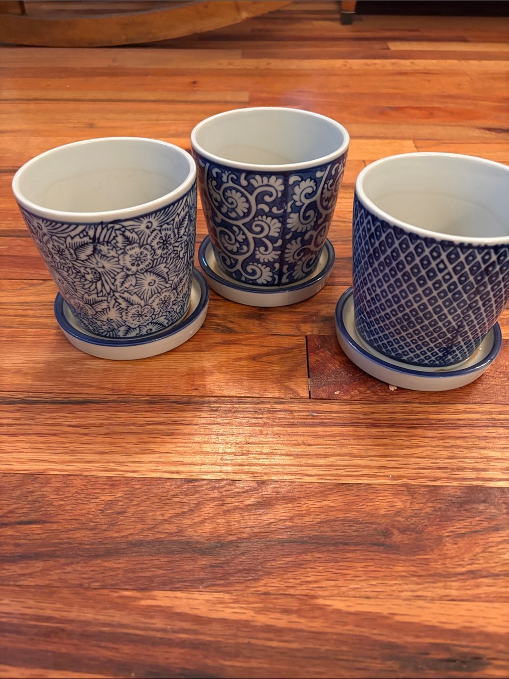 Blue Patterned Ceramic Planters with Drip Trays - Set of 3